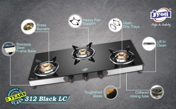 Jyoti Gas Stove 3 Burner Glass Top 312 Black DT LC - Image 2